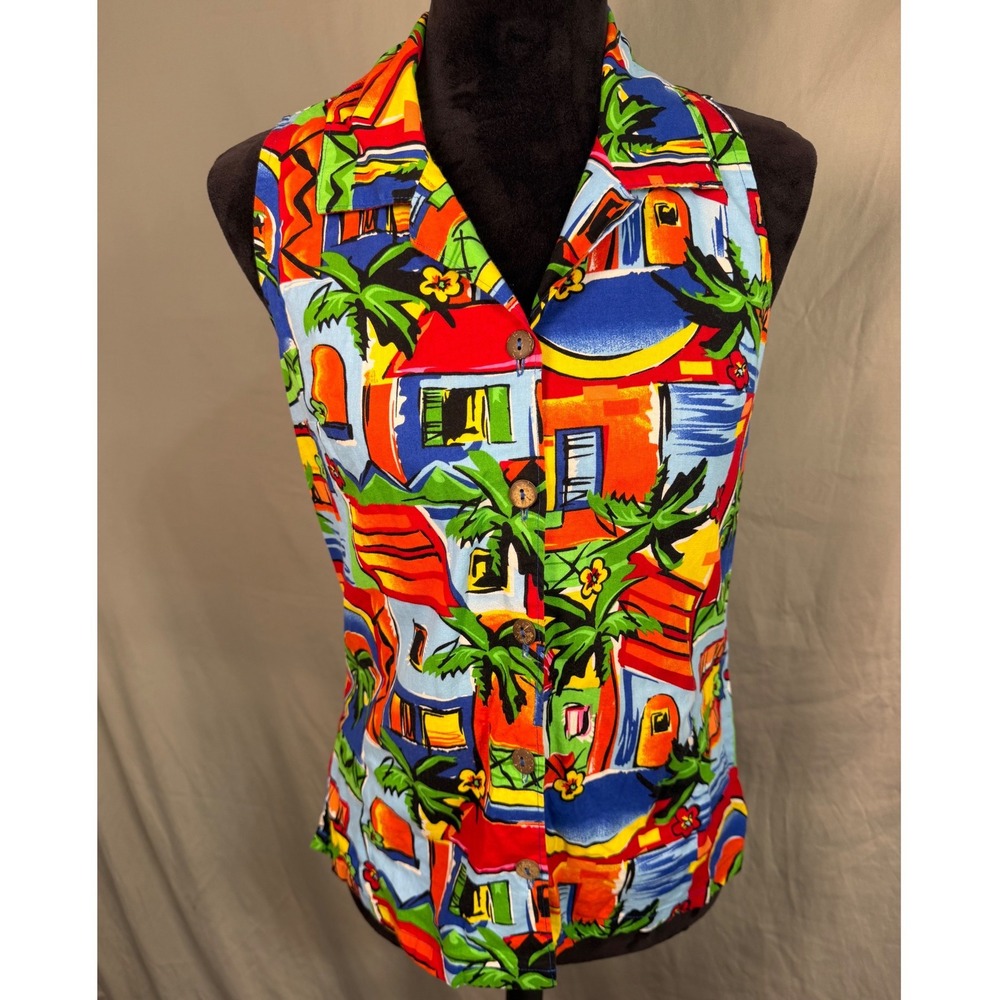 Toucan Dance Sleeveless Top Women SM Multi Excellent Tropical Palm Vest Button